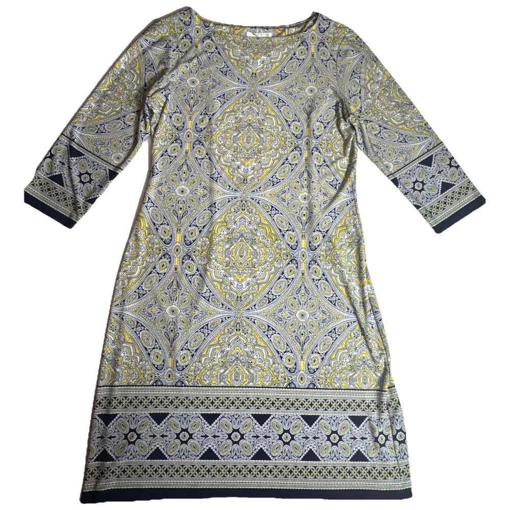 London Style Collection Womens Paisley Medallion Dress Yellow Navy Blue Size 10
